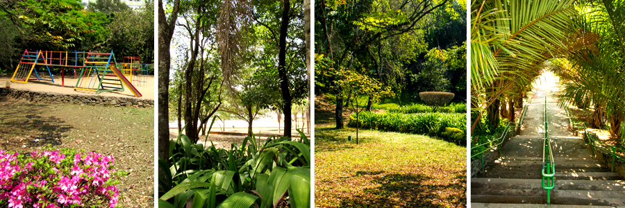 Mosaico com quatro fotografias sendo a primeira de um parquinho sobre a areia nas cores amarelo, vermelho, verde, azul e marrom, com arbustos com flores em tom de rosa, a segunda de arbusto com folhas longas e finas, ao fundo árvores com folhas verdes, a terceira campo aberto com grama verde, uma árvore de tronco fino e flores amarelas, e a quarta de uma escadaria vista de cima com folhas das árvores fazendo uma cobertura.